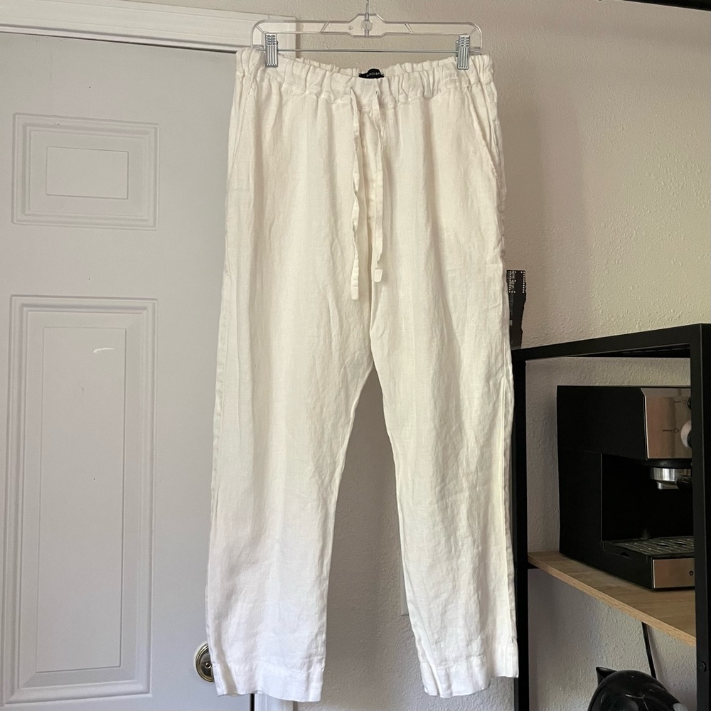 BLACK FICUS white linen drop crotch cropped slim straight leg pants‎